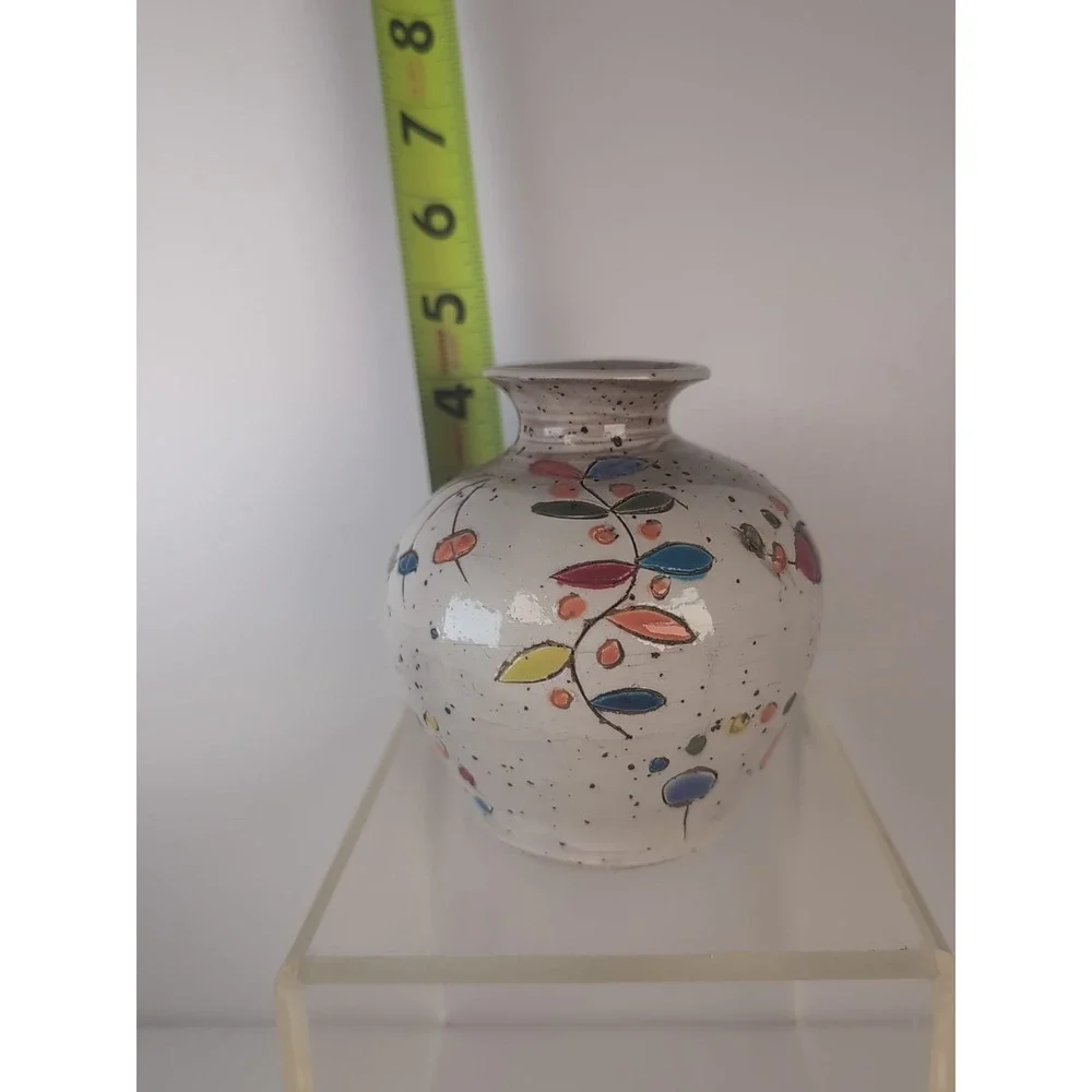 Glazed Handmade Pot/Vase Colorful Design Signed & Dated Contemporary, Cute Bugs?
